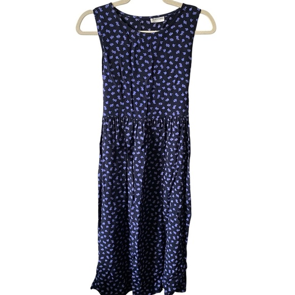 VINTAGE Navy Blue Floral Sleeveless Midi Dress with tie XS/S - Picture 1 of 9
